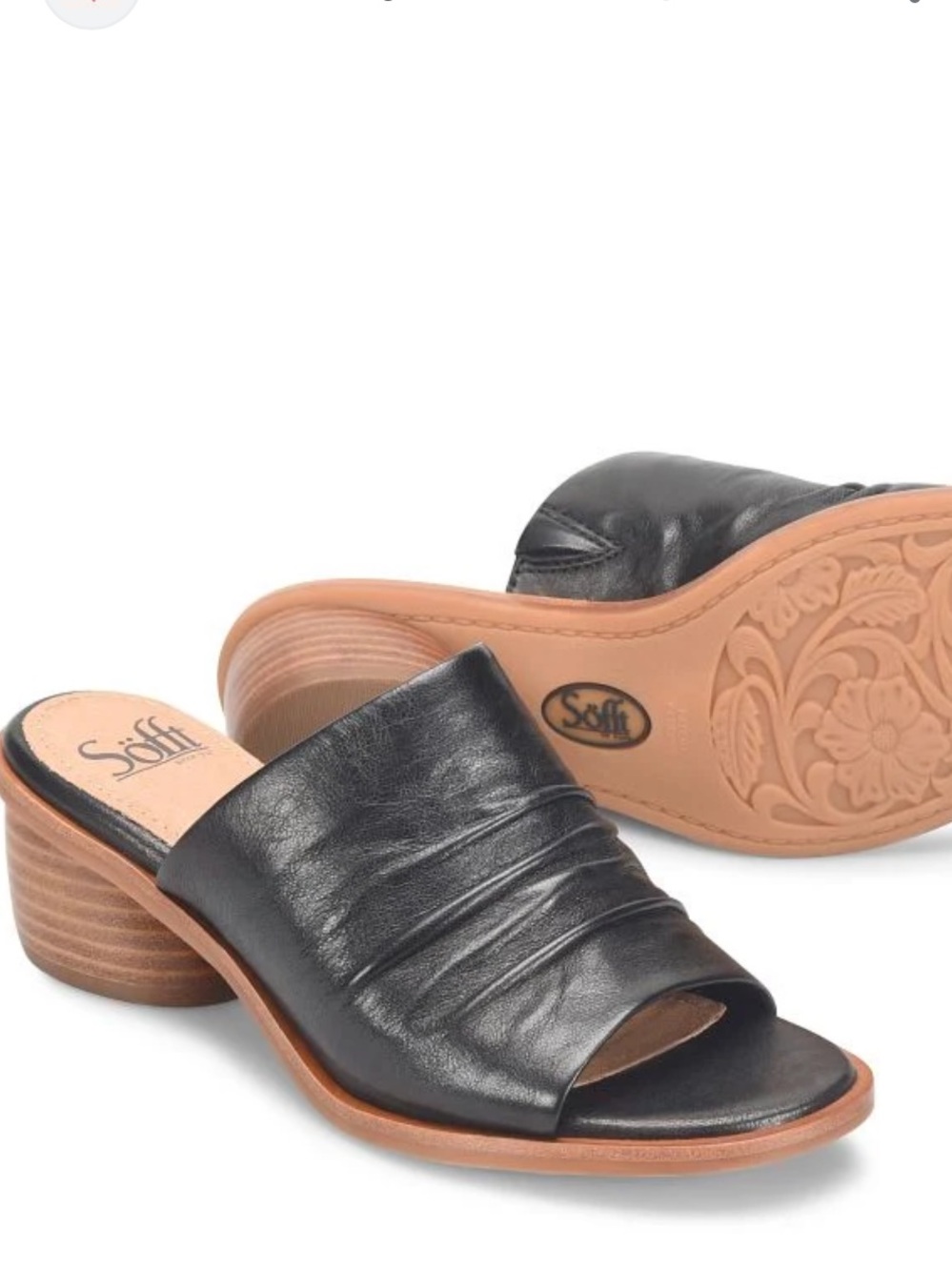 Sofft Chrissie Black Ruched Leather Open-Toe Slide Mule Women’s Size 8.5